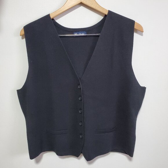 GAP CashSoft Sweater Vest Button Front V-Neck Textured Knit Black Women's Large - Picture 2 of 10